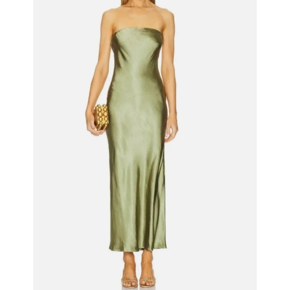 SNDYS Olive Green Strapless Satin Maxi Dress SFD607 Size S NWT